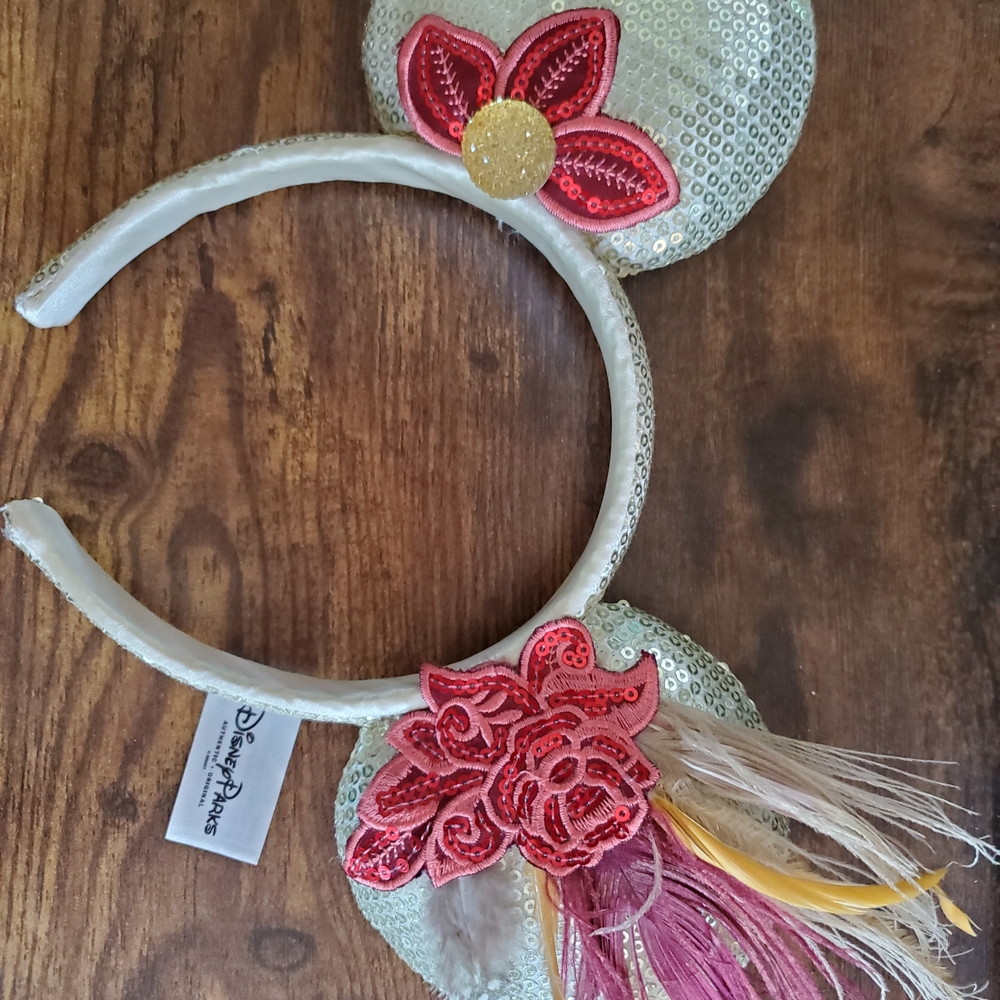 Disney Floral 20's Themed Sequin Minnie Ears Headband - Baige and Red